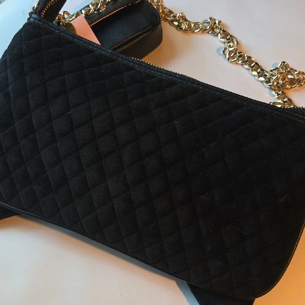 Juicy Couture Black Velour Quilted Bow Bag with Gold Chain and Extra Pouch NWT